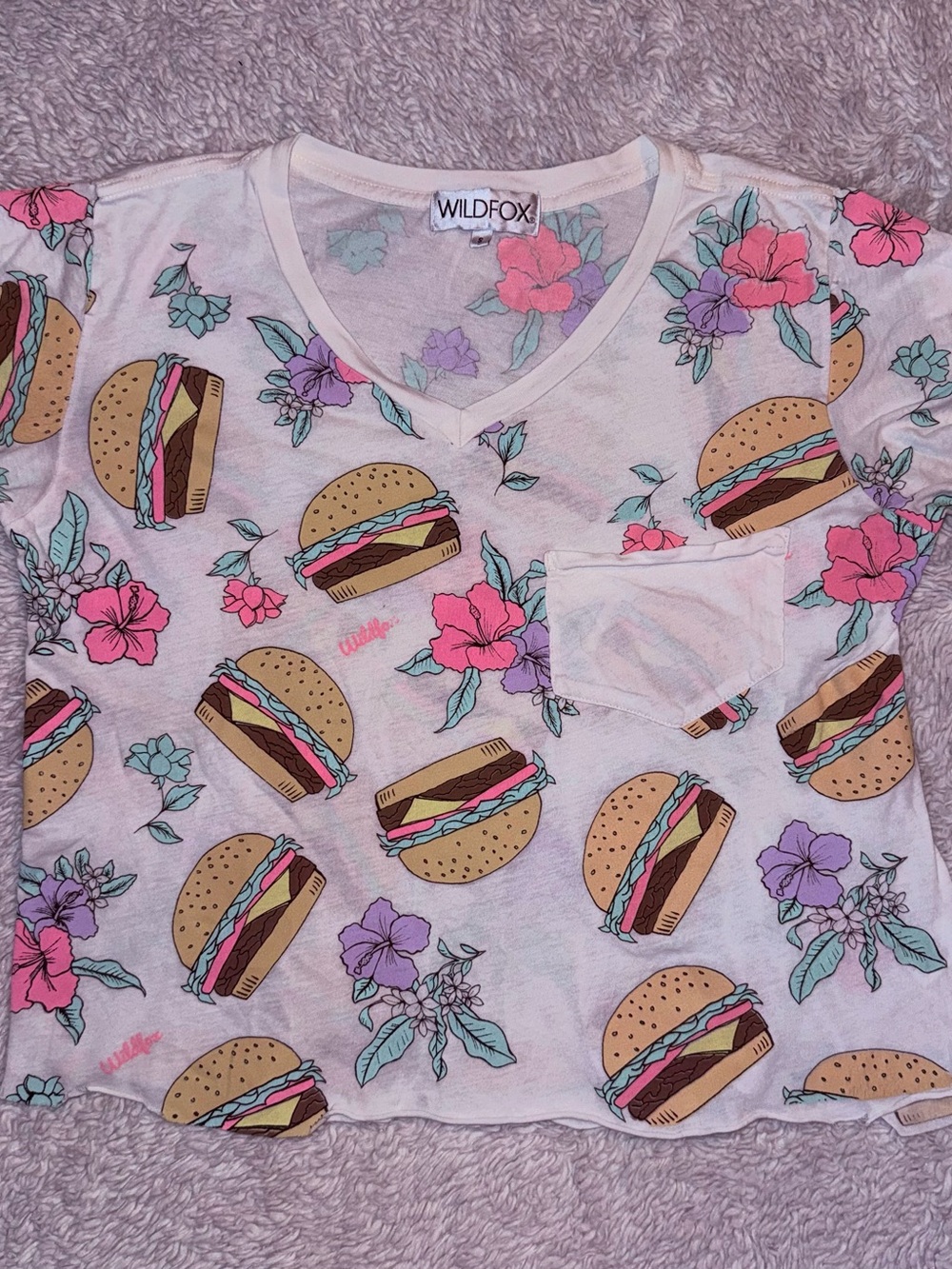 Wildfox White Floral & Burger Print Short Sleeve Tee